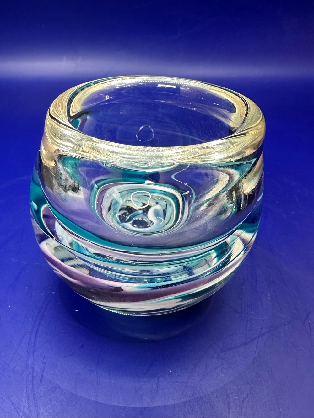 Handblown Glass Art Vase - Teal Purple, and Clear. Signed Chip Jones 2000.